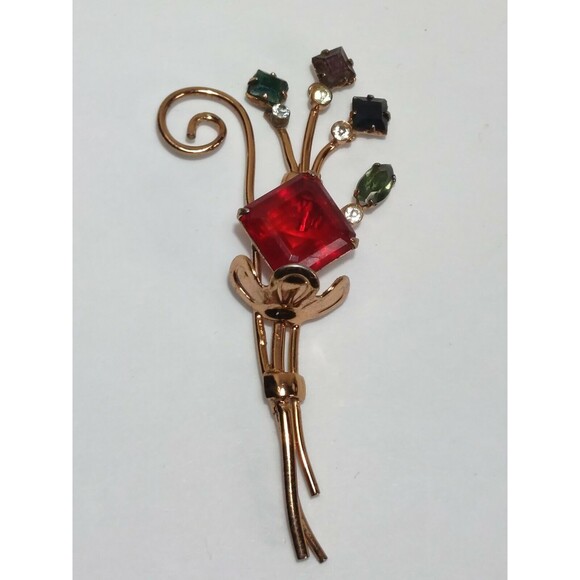 Coro Sterling Craft Vermeil Flower Bouquet Red Green Purple Blue Stone Brooch - Picture 1 of 9